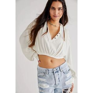 We The Free Cream Collared Balloon Sleeve Cropped Peasant Top Linen Cotton M